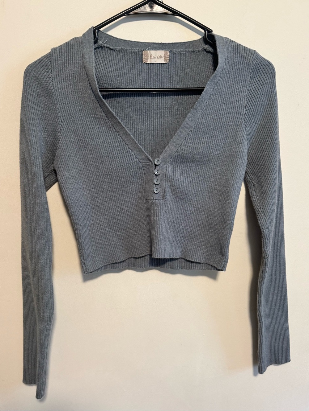 Altar'd State Steel Blue Ribbed V-Neck Cropped Button Top